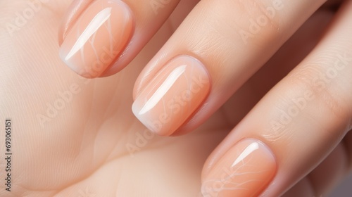 Elegant Manicured Female Hand Close-up. Close-up view of a womans hand with elegant nude Peach Fuzz manicure  showcasing clean beauty and nail care.