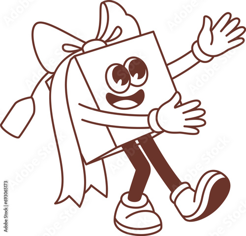 Groovy monochrome gift character vector illustration. Cartoon isolated retro funky sticker of birthday or Christmas present walking to party, paper gift box with ribbon, funny face, arms and legs