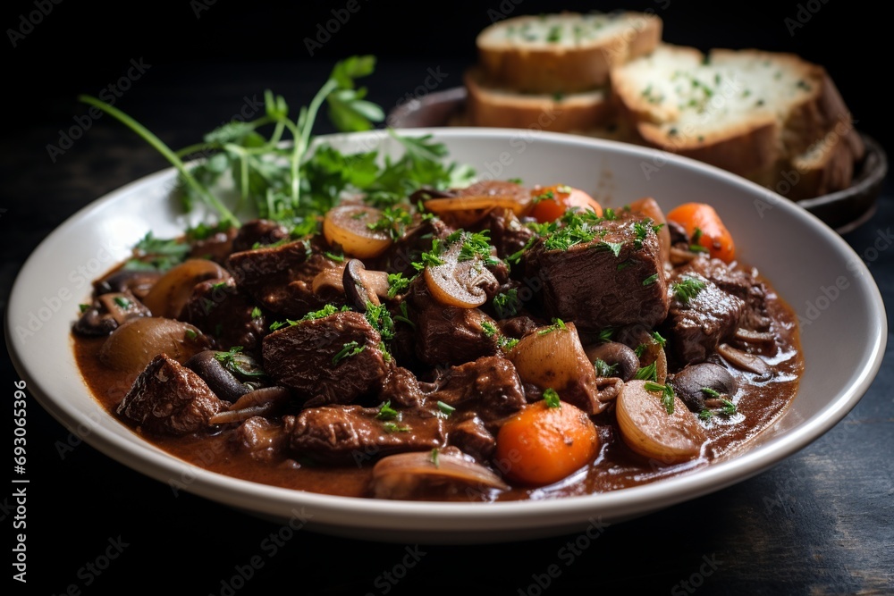 Beef Bourguignon: French Beef Stew Braised in Red Wine with Garlic and Mushrooms