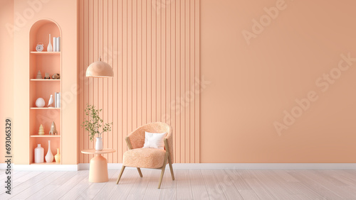 Peach fuzz room ,minimal interior  livingroom. peach armchair with peach color paint wall. color of the year 2024  . Mockup background. 3d render