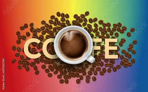 Illustration, Cup of hot coffee with steam, coffee eerns. View from above. Bright colored background