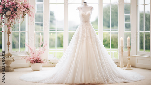 Wedding drees, bridal gown style and bespoke fashion, full-legth white tailored ball gown in showroom, tailor fitting, beauty and wedding photo