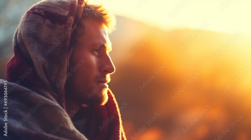 Young handsome man wrapped up in a blanket enjoying sunset and winter mountain landscape - obrazy, fototapety, plakaty 