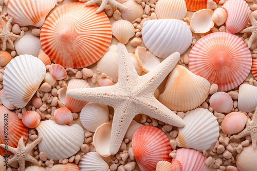 Peach fuzz and coral seashells arranged on a sandy beach
