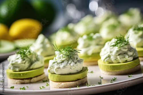 Delicious canapes with garlic, cream cheese and avocado on the plate close up