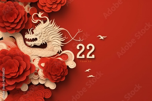 Happy Chinese New Year 2024. Chinese dragon gold zodiac sign on red background for card design. photo