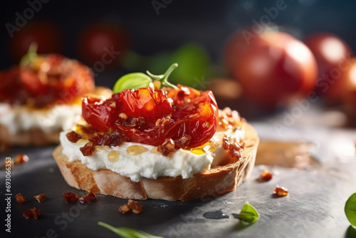 Delicious canapes with garlic, sun dried tomato and goat cheese on the plate close up