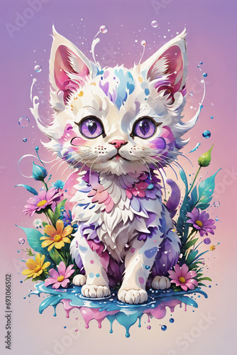 cartoon kitten gets colorful splashes with delicate flowers