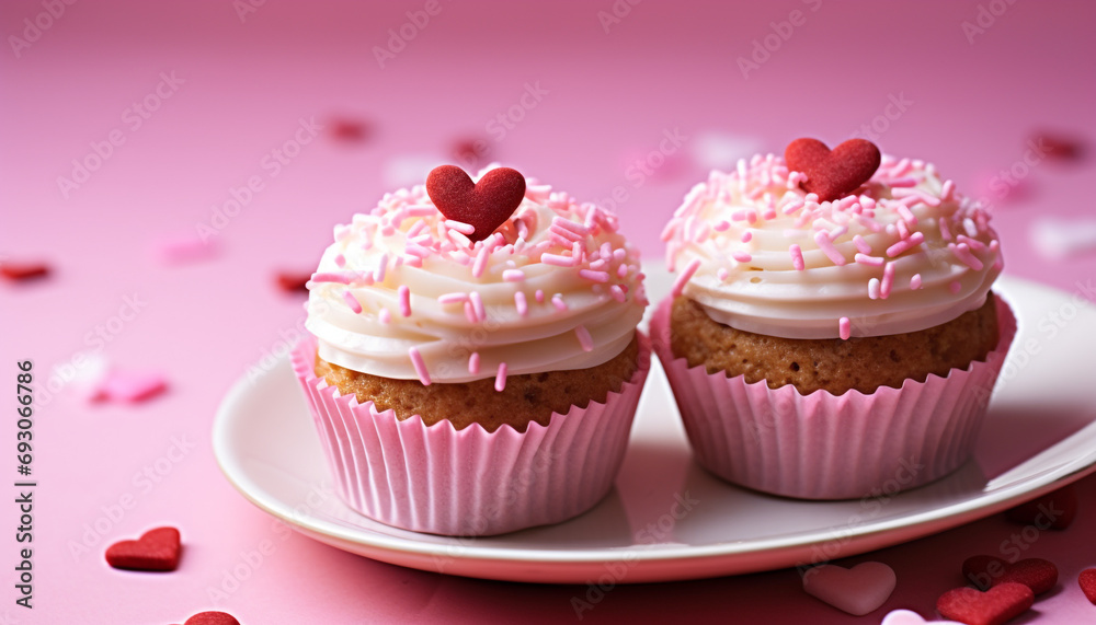 Cute heart shaped cupcake with pink icing and strawberry generated by AI