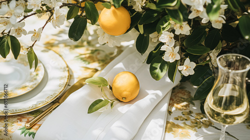 Wedding or formal dinner holiday celebration tablescape with lemons and flowers in the English countryside garden lemon tree, home styling