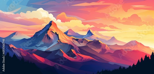Bold and angular hand-drawn mountain peaks silhouetted against a vivid, gradient sky at golden hour © Amin arts