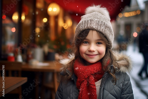 AI generated image of happy carefree child walking on christmas market in small town