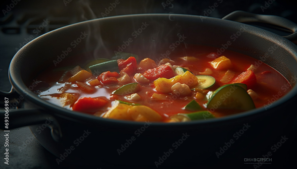 Healthy vegetarian stew cooked with fresh organic vegetables and spices generated by AI Healthy vegetarian stew cooked with fresh organic vegetables and spices generated by AI