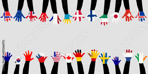 Children's hands painted in the colors of the world flags