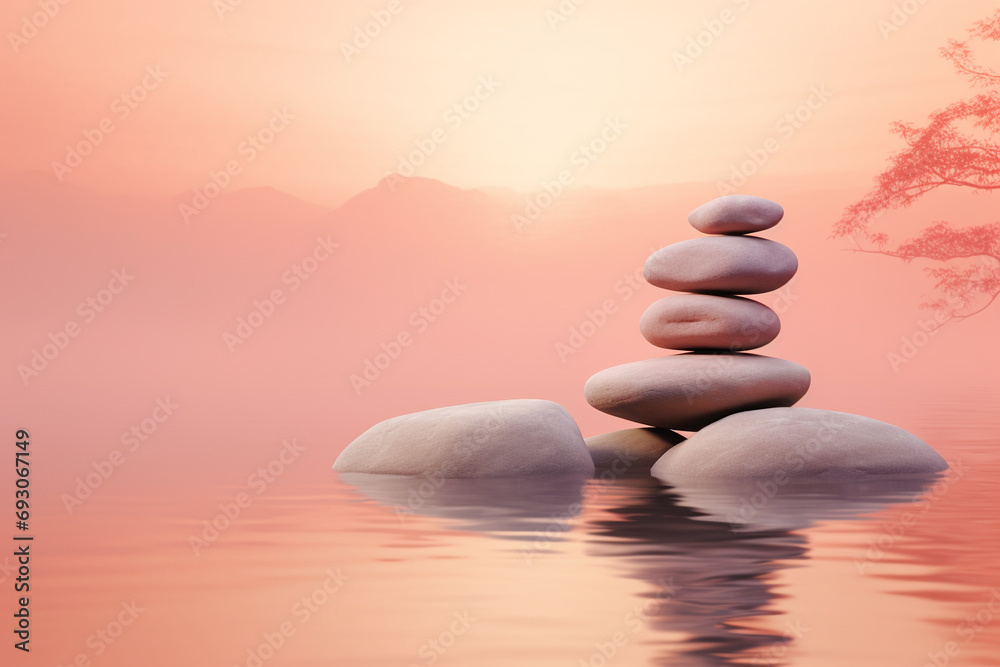 Zen stones stacked by a peaceful stream in a peach fuzz landscape Zen stones stacked by a peaceful stream in a peach fuzz landscape