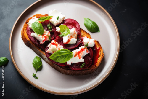 Beet bruschetta with goat cheese and basil on the plate close up