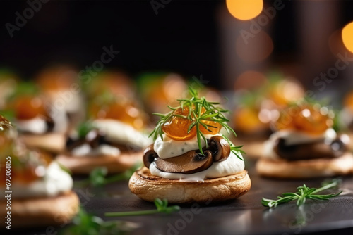 Delicious canapes with mushroom and cream cheese on the plate close up