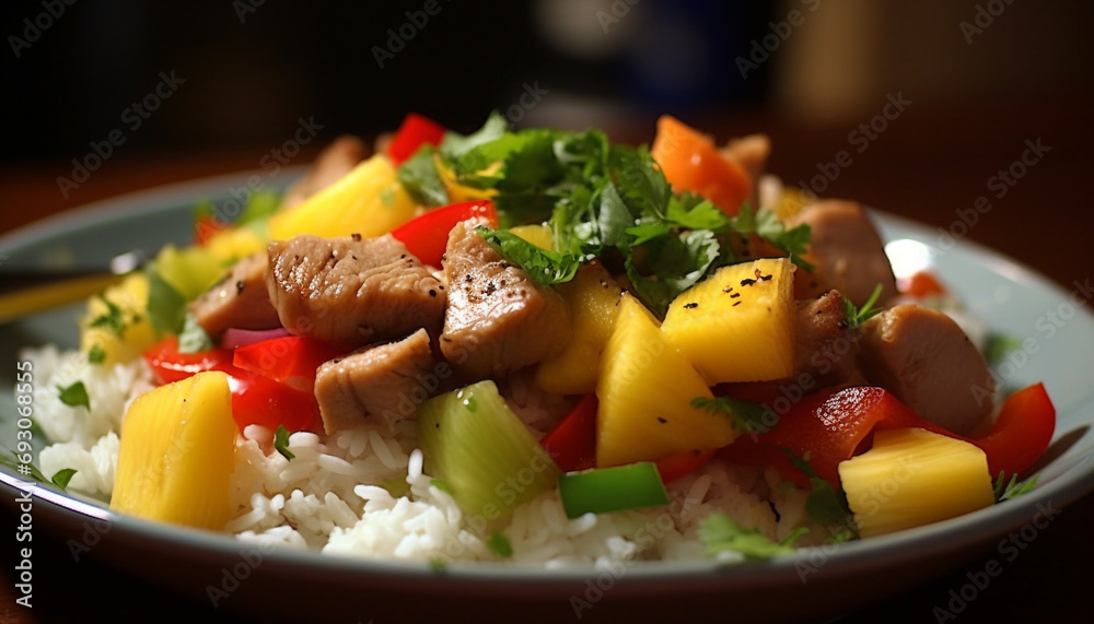Healthy gourmet meal with fresh vegetables, cooked meat and rice generated by AI