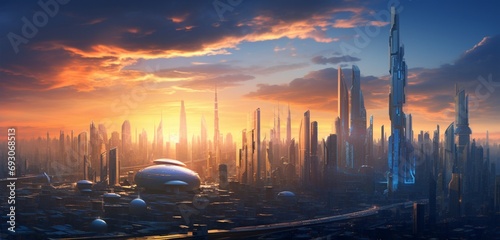 A futuristic cityscape at dusk, where skyscrapers seamlessly blend into the evening sky