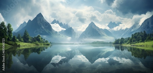 A tranquil lake surrounded by mountains, with reflections seamlessly merging into the water