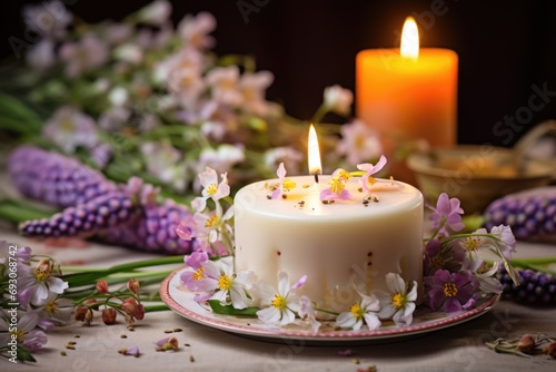 A festive Easter cake taking center place amidst springtime blossoms and the warm glow of candles  radiating a celebratory spirit