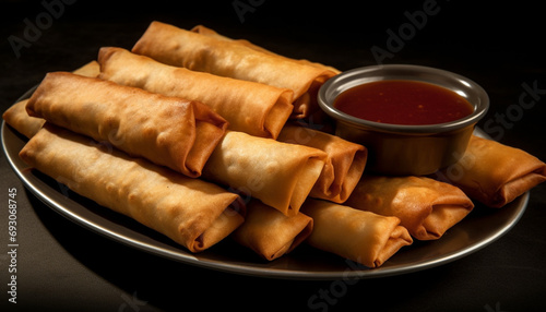 Freshly cooked gourmet spring rolls on a wooden plate generated by AI photo