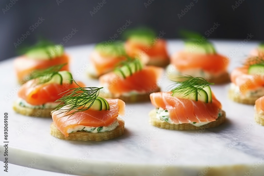 Delicious canapes with smoked salmon and dill on the plate close up Delicious canapes with smoked salmon and dill on the plate close up
