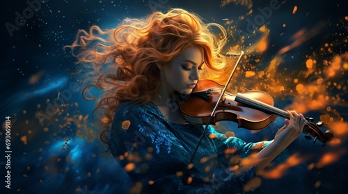 Captivating close up of talented female violinist, highlighting instrument details and emotion photo