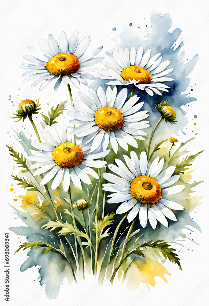 Fototapeta premium bouquet of camomiles, wild leaves illustration, waterclor, splash, coloful, vivid, leafs