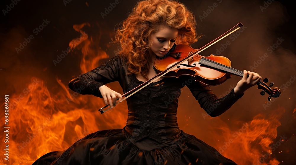 Passionate female musician playing violin with intricate details and expressive expression