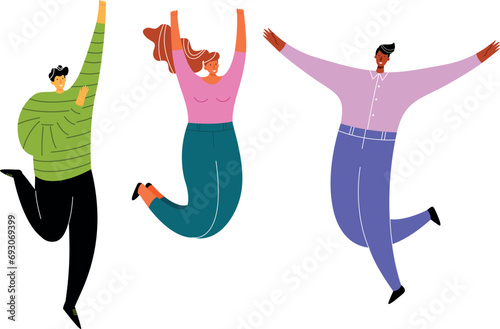 Happy cartoon people jumping joy overjoyed man and woman celebrate win good news vector flat