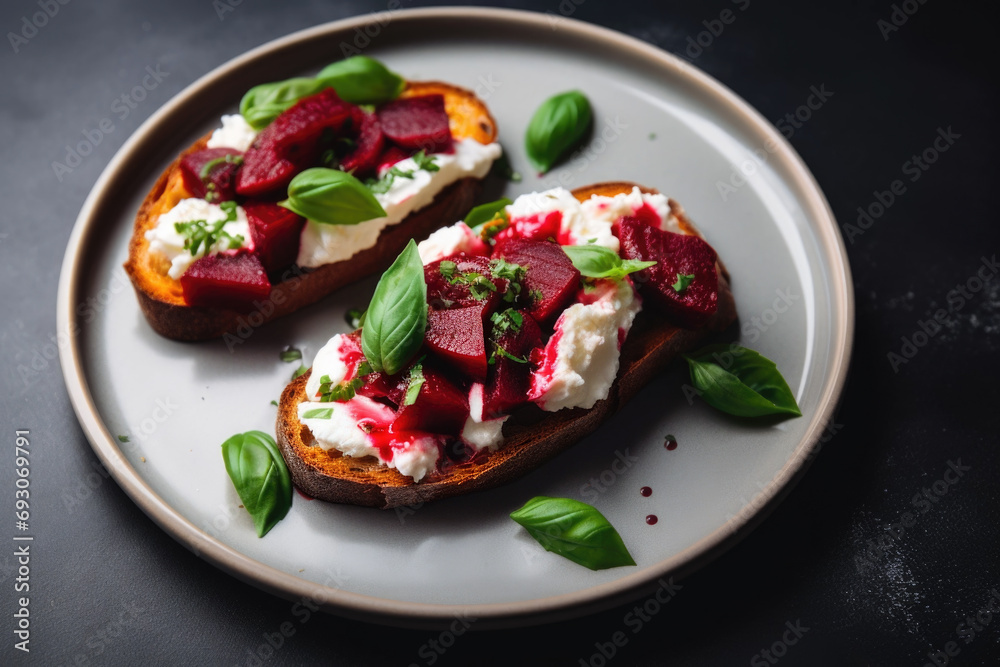 Beet bruschetta with goat cheese and basil on the plate close up Beet bruschetta with goat cheese and basil on the plate close up