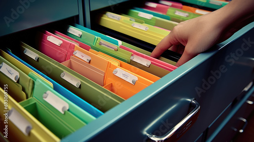 Close-up of a person in a business suit searching through open file drawers full of documents.