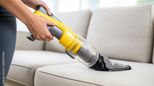 Close-up of a person's hand holding a yellow handheld vacuum cleaner while cleaning a gray fabric sofa. © MP Studio