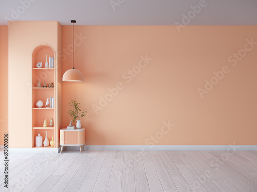 Peach fuzz ,empty room ,minimal interior  livingroom. peach color paint wall. color of the year 2024  . Mockup background. 3d render