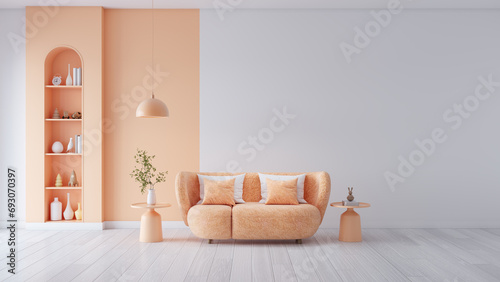Peach fuzz room ,minimal interior  livingroom. peach sofa with peach color paint wall. color of the year 2024  . Mockup background. 3d render photo