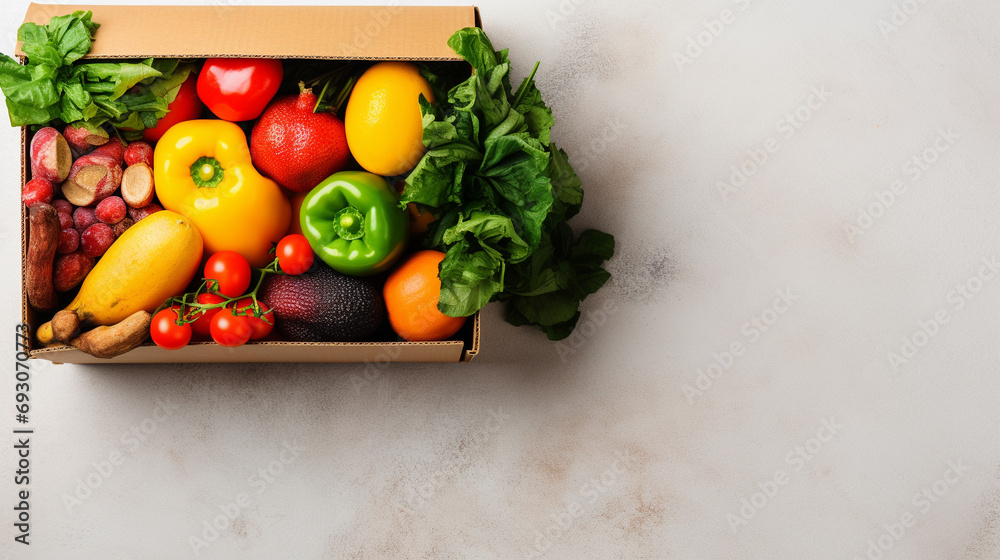 Photo fresh vegetables, fruits and grocery items in a box for super shop banner concept Photo fresh vegetables, fruits and grocery items in a box for super shop banner concept
