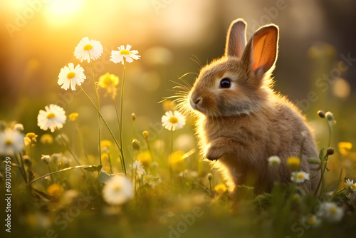 Easter bunny it stands on its hind legs with white flowers in the grass. nature soft background