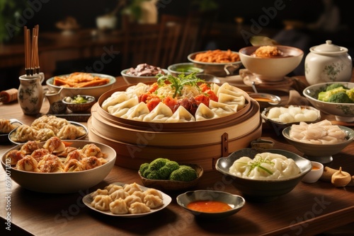 Sumptuous and savory dim sum spread with a variety of steamed and fried dumplings, a delectable and shareable Chinese culinary experience © Nino Lavrenkova