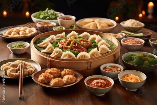 Sumptuous and savory dim sum spread with a variety of steamed and fried dumplings, a delectable and shareable Chinese culinary experience