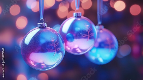 Christmas glass balls ornaments on a Christmas tree with neon pink and blue bokeh lights against a purple background