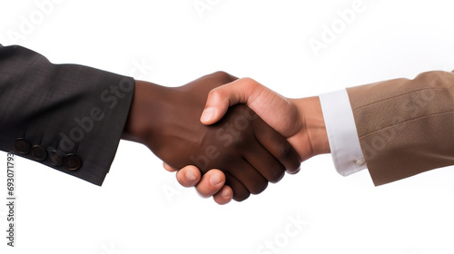 Isolated interracial handshake between two businessmen with white blank background