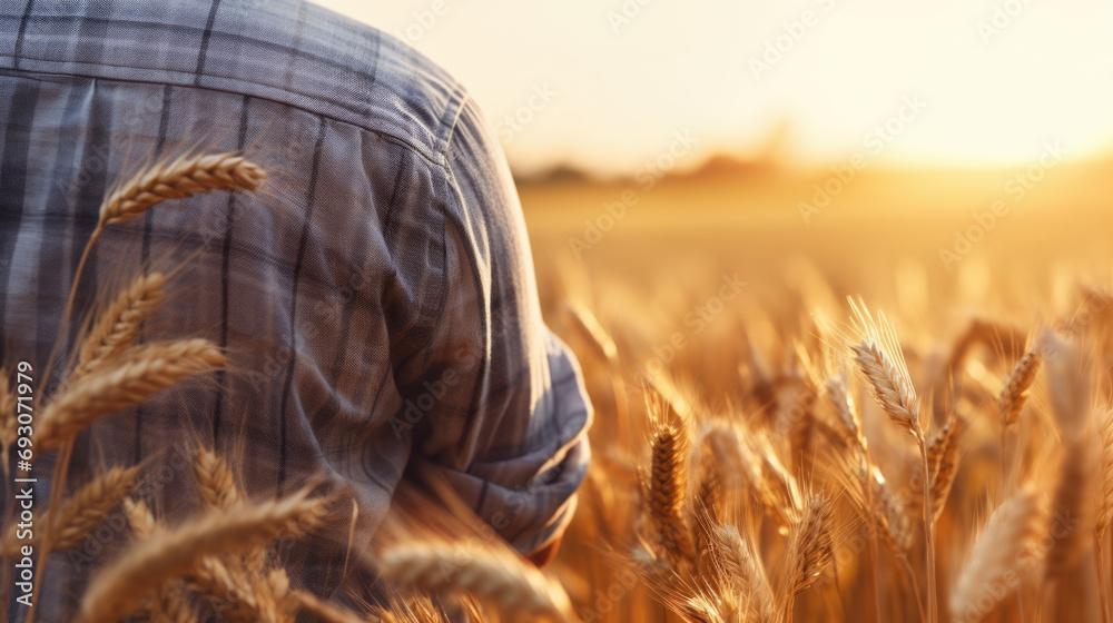 A farmer is standing in a field of wheat