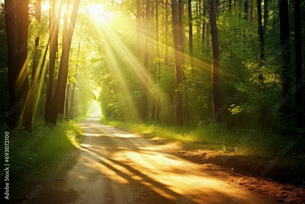 Fototapeta premium Luminous sun rays falling through the green foliage in a beautiful forest, with timber beside a path