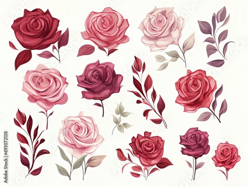 Roses watercolor floral clipart  aquarelle plants isolated on white background
