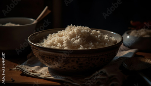 Organic basmati rice in wooden bowl, a healthy meal staple generated by AI