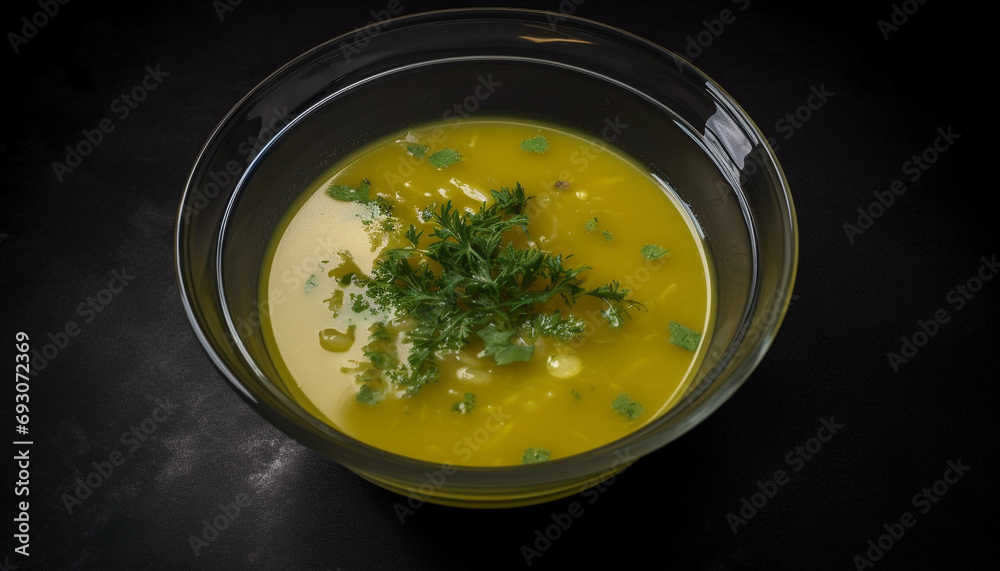 Healthy vegetarian soup with organic vegetables and fresh parsley garnish generated by AI