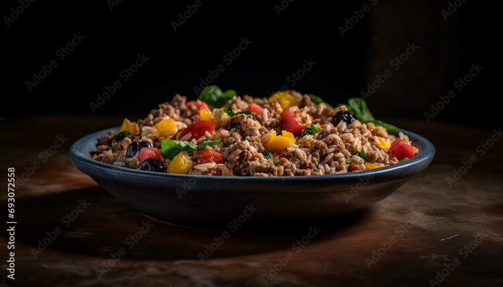 Fresh vegetarian salad with quinoa, bell pepper, carrot, and cilantro generated by AI Fresh vegetarian salad with quinoa, bell pepper, carrot, and cilantro generated by AI