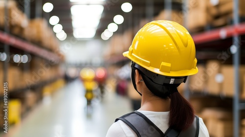 Woman in safety helmet at logistics center with blurred background and text placement