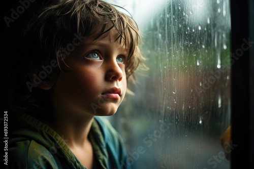 Rainy Reverie: Child Seeking Break in the Weather